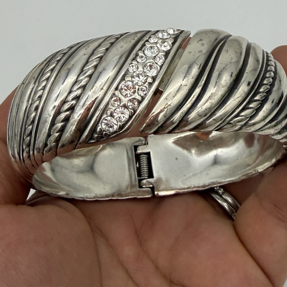 Vintage Brighton Cuff Bracelet Ribbed Cable Clamper Clear Rhinestones Heavy